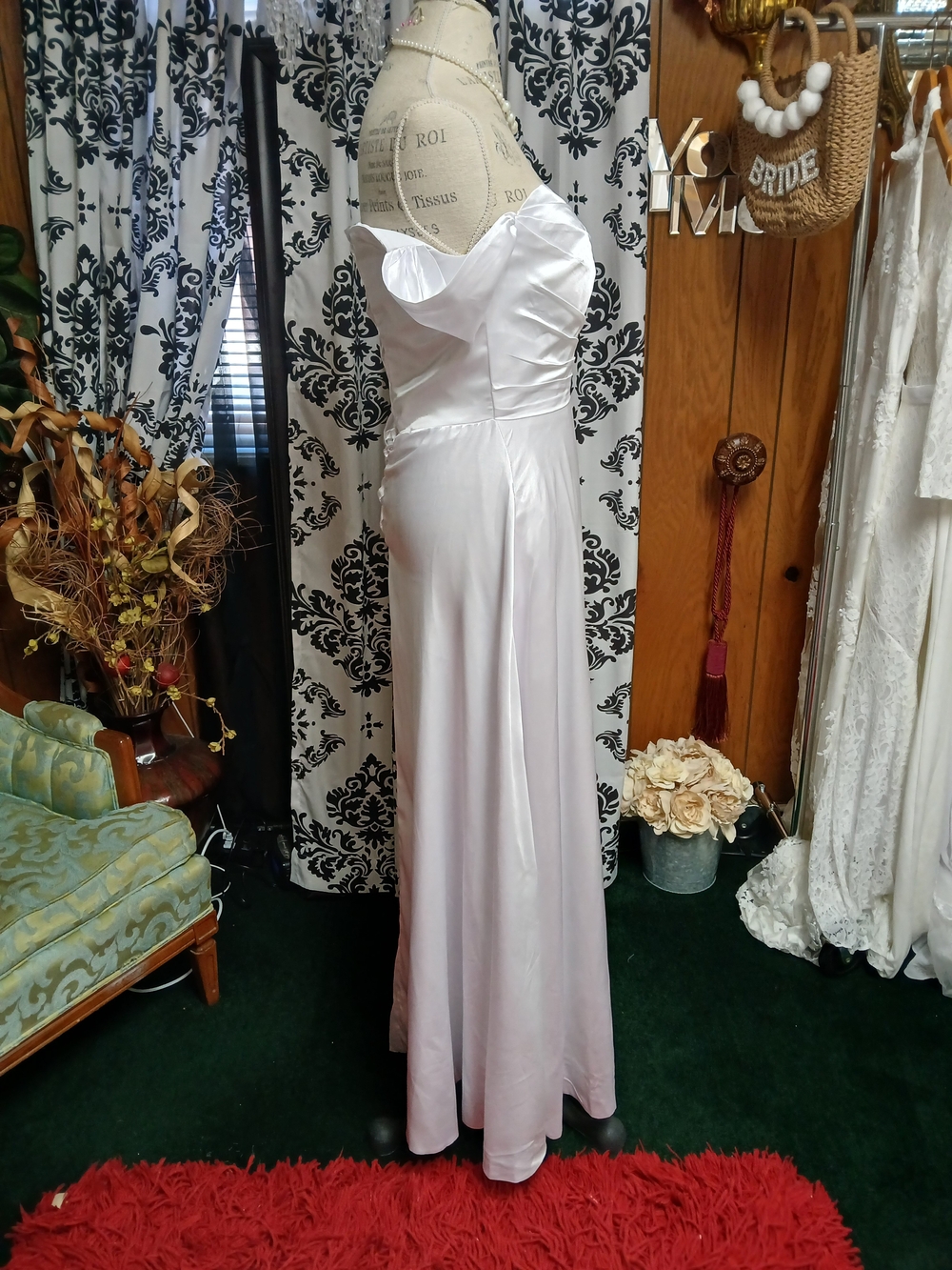 Classic White Off-Shoulder Satin A-Line Wedding Dress - Picture 2 of 4
